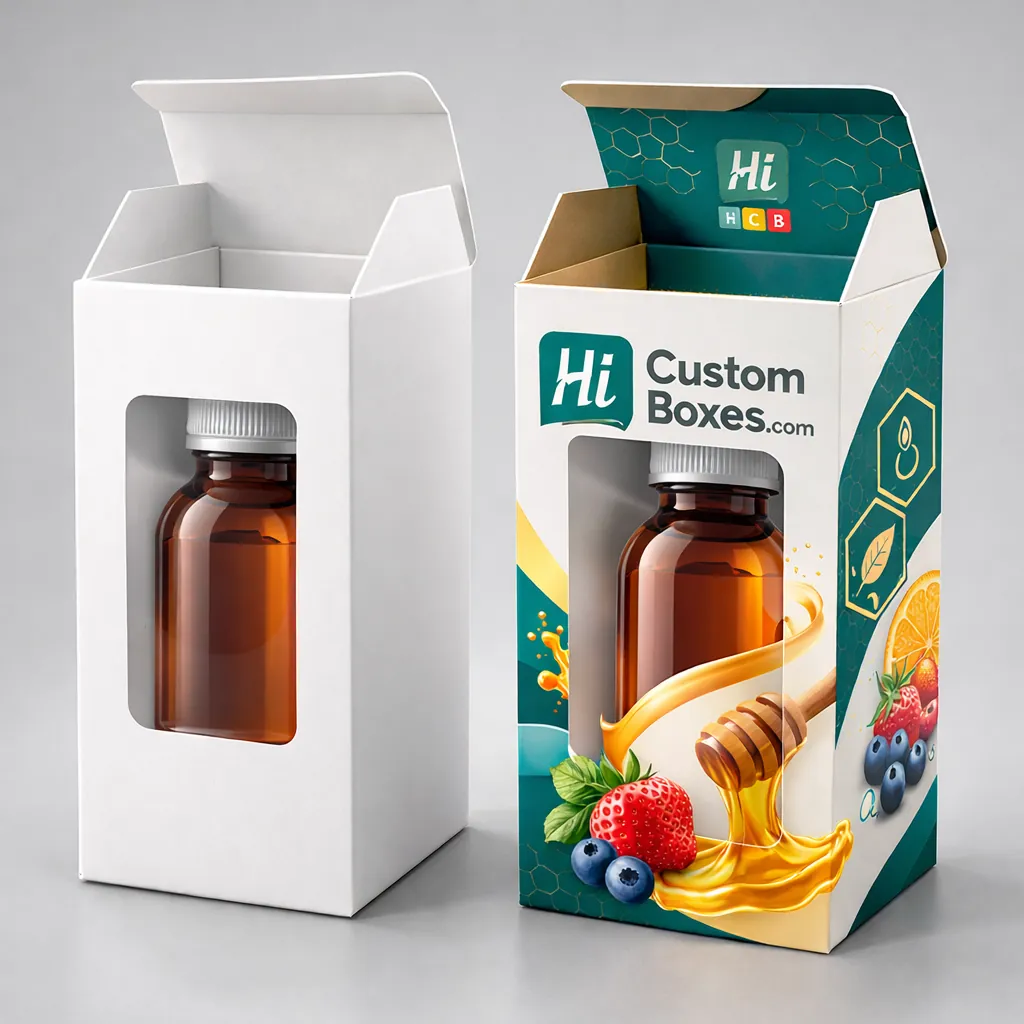 Two cardboard boxes with rectangular windows showing syrup bottles inside, one plain white and one fully branded. class=